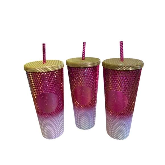 Starbucks Holiday Tumbler Set of 3 Gold/Ruby/White Studded 24 Oz Cold Cup NEW - Picture 2 of 9